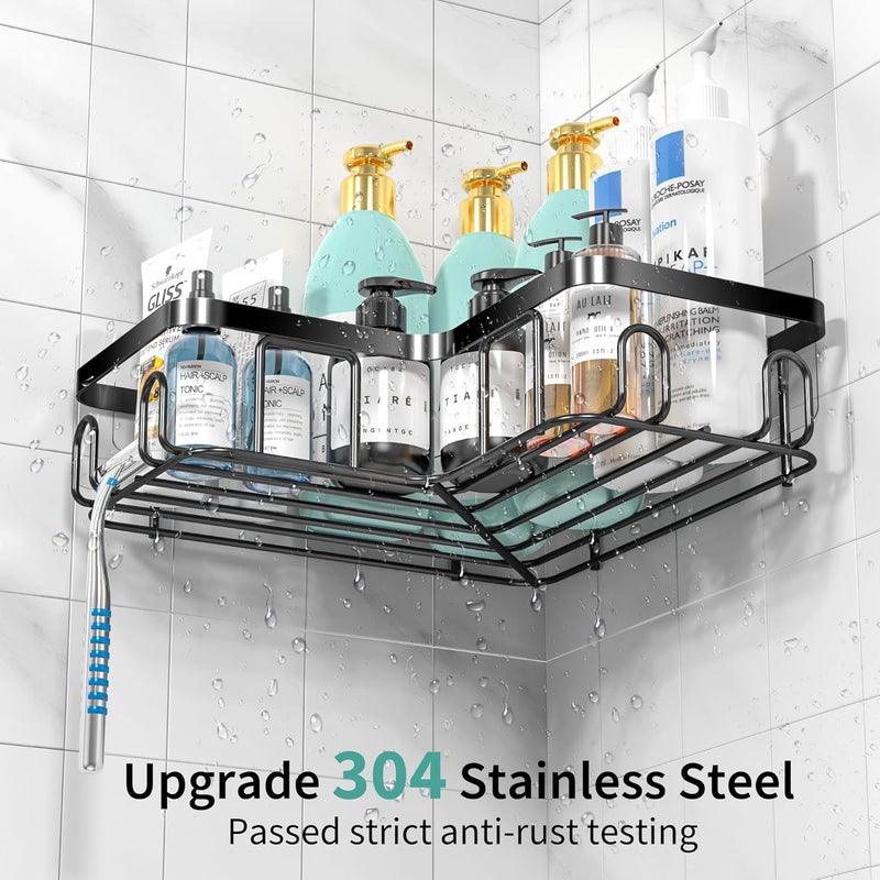Moforoco 5-Pack Shower Caddy, L-Shaped, 10.2in Diameter, 90-Degree Right Angle, Rustproof, Easy Installation, 12 Hooks, Soap Holder, Adhesive Corner Shower Organizer, Black - Image 4